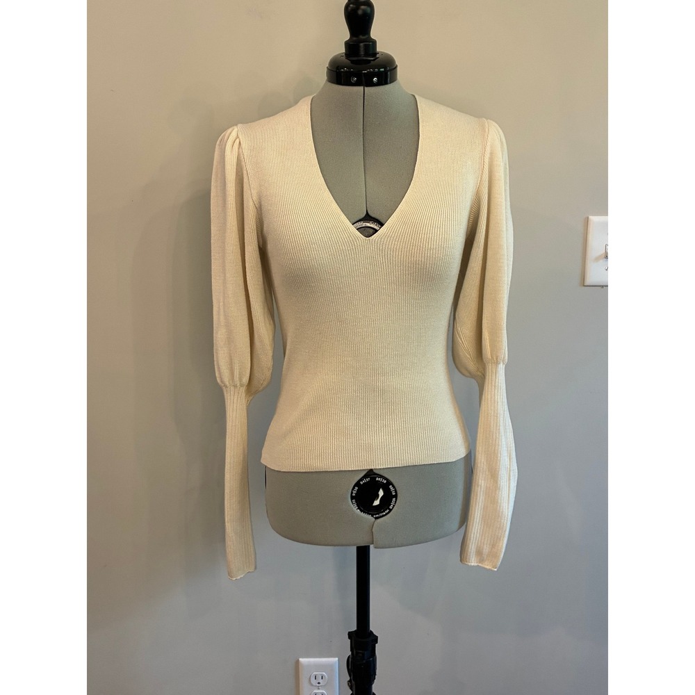 ASOS DESIGN Cream Ribbed V-Neck Volume Sleeve Sweater | US Size 4 / UK 8
